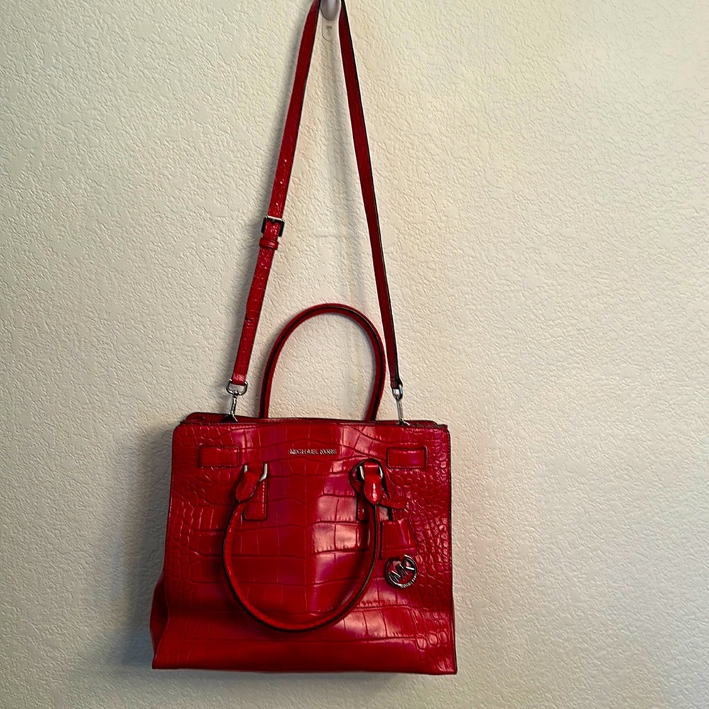 Michael Kors Large Red NS Dillon Croc Embossed Leather Bag Tote